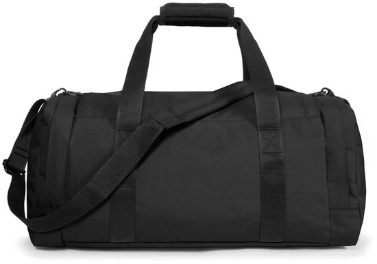 Achterkant van een zwarte Eastpak Reader S+ reistas met handvatten en schouderband.
