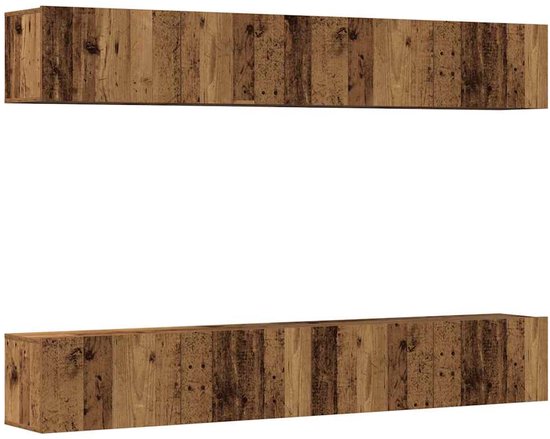 Twee identieke wandmeubels in een rustieke oud hout-look, elk 100 cm lang.