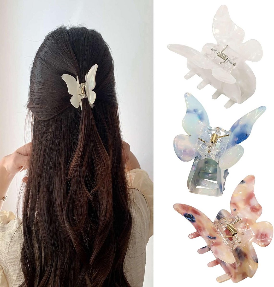 Middelgrote transparante vlinder haarclips met glitter voor dames - Set van 4