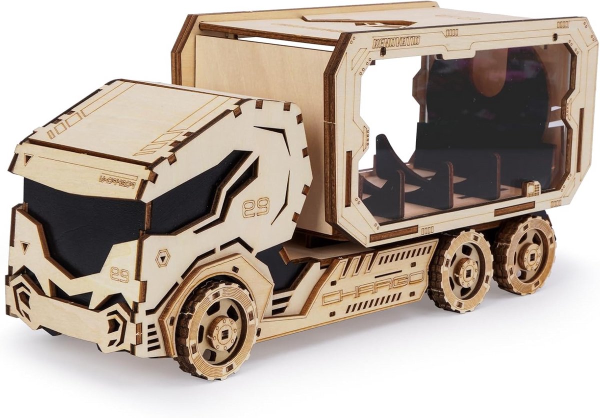 Houten spaarvarken vrachtwagen 3D puzzel voor volwassenen