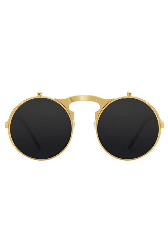 KIMU Ronde Zonnebril Flip Up - Goud Montuur Rond - Zwarte Glazen - Vintage Steampunk Retro Opklapbaar Zwart Gouden Bril Festival van Merkloos — afbeelding 3