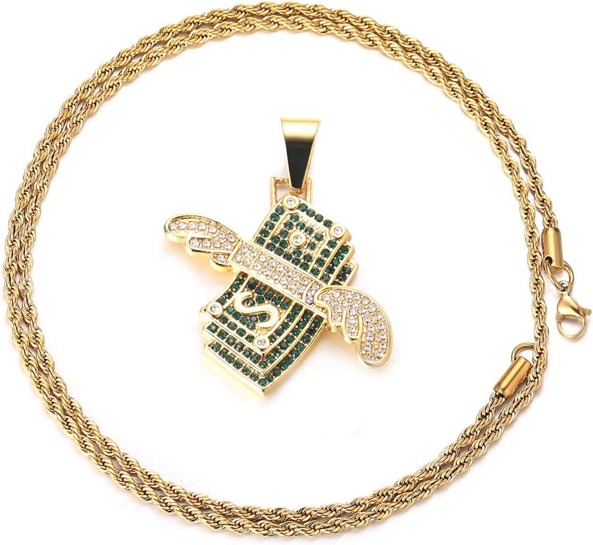 Gouden Heren Ketting Iced Out met Draaibare Dollar Hanger - 18k Verguld