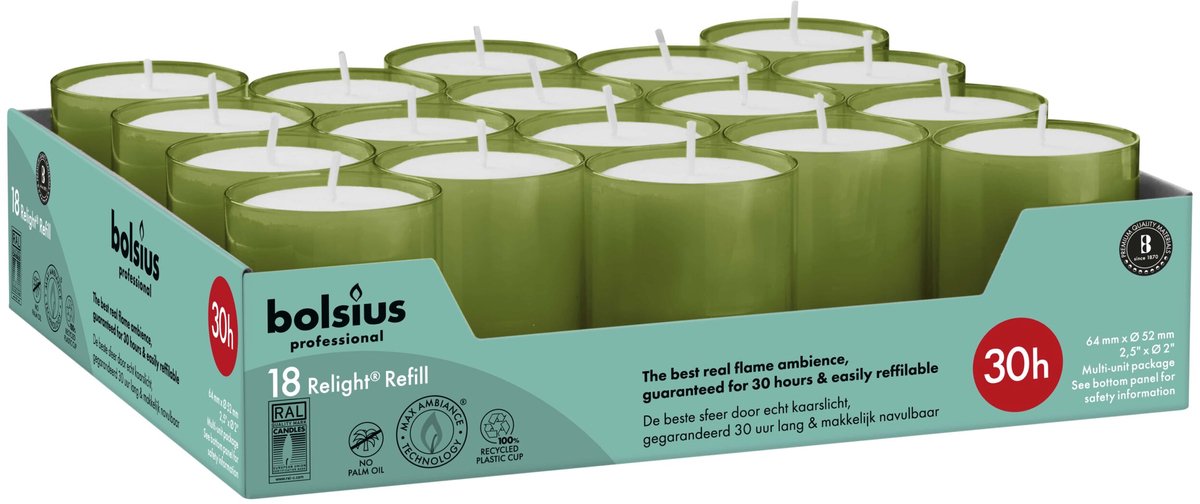 Bolsius Horeca Relight Navullingen 64/52 Olijfgroen (18 stuks)