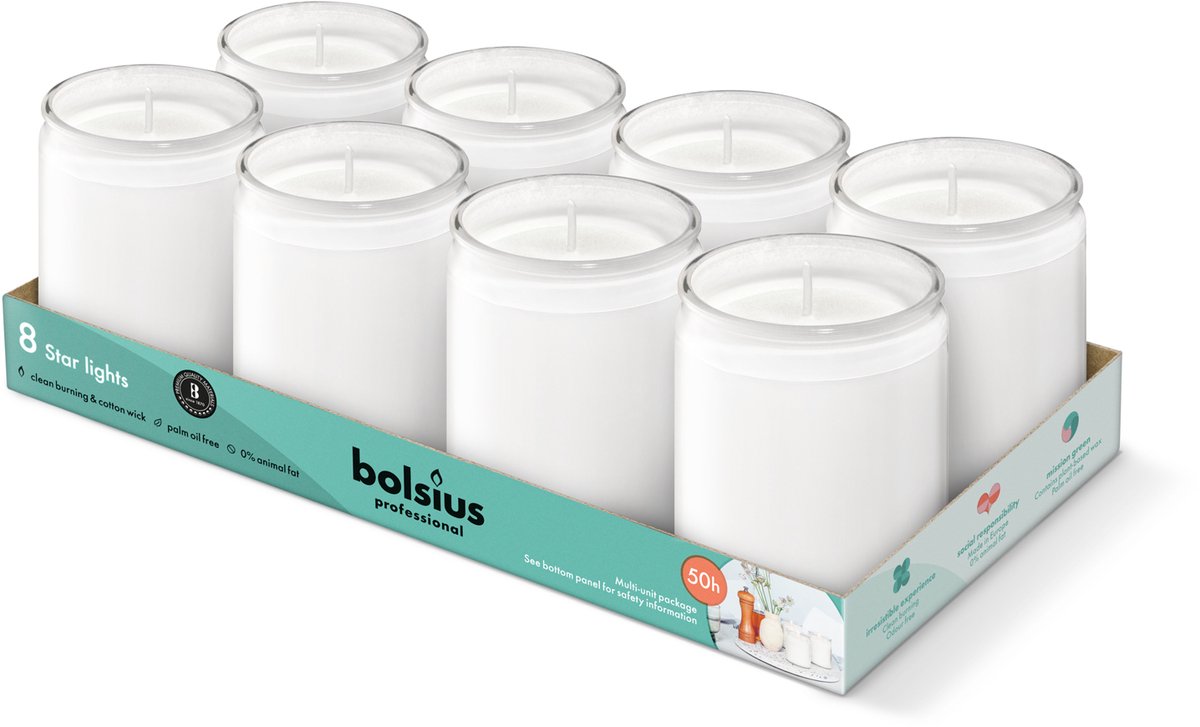 Bolsius Starlight - Wit - Kaarsen in Glas - 8 Stuks - 50 Branduren