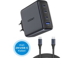Voomy USB C Adapter 140W – Oplader – Snellader met 2M Oplaadkabel – USB C Lader – Universeel – 2 USB C & 1 USB A Poort – Geschikt voor Laptop, telefoon, tablets en meer – Space Grey