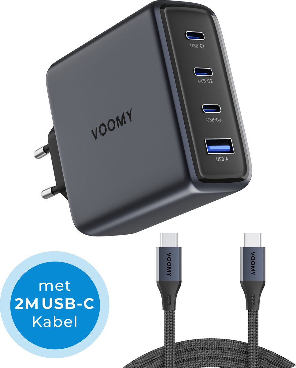 Voomy USB C Adapter 140W - Oplader - Snellader met 2M Oplaadkabel - USB C Lader - Universeel - 2 USB C & 1 USB A Poort - Geschikt voor Laptop, telefoon, tablets en meer - Space Grey