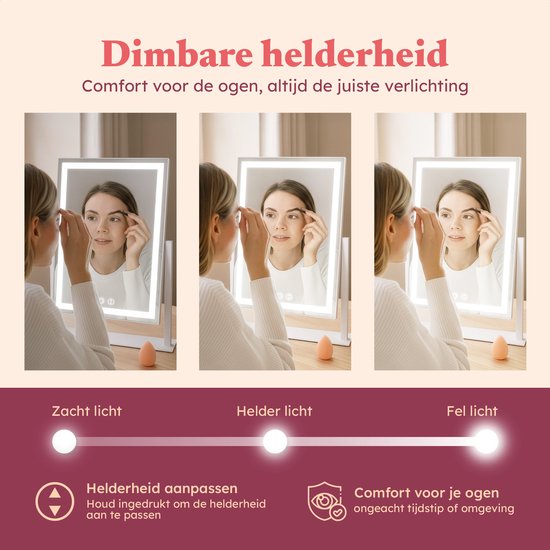 Vrouw test 3 lichtstanden (zacht, helder, fel) op make-up spiegel.