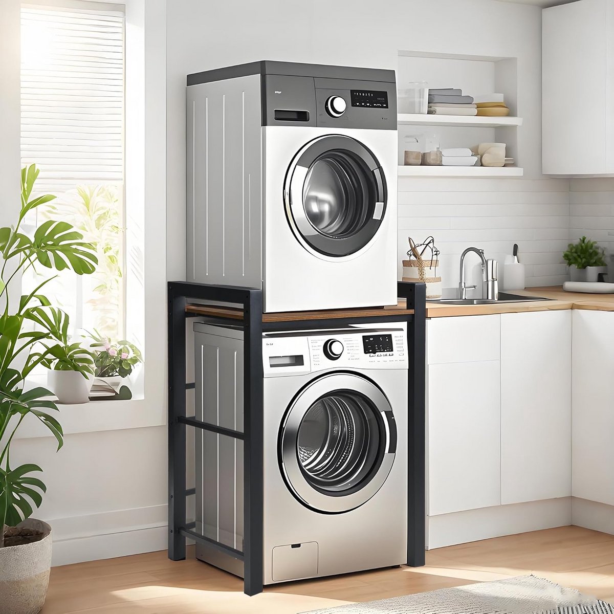 Wasmachine- en Drogerrek - 3-laags Opbergkast voor Wasruimte, Badkamer of Bijkeuken - In Hoogte Verstelbaar