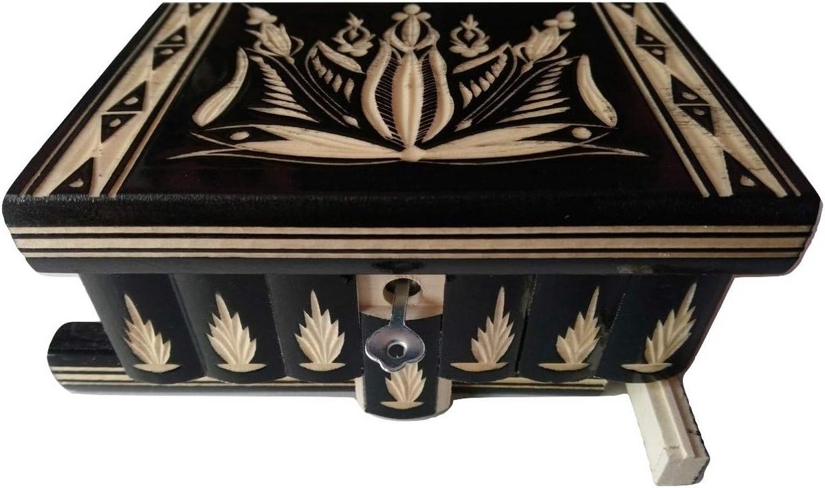 Houten Puzzeldoos met Geheime Compartimenten en Sleutel