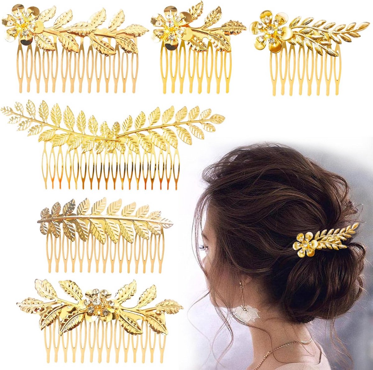 6x Gouden Haaraccessoires met Strass Steentjes voor Bruid en Feestelijk Kapsel