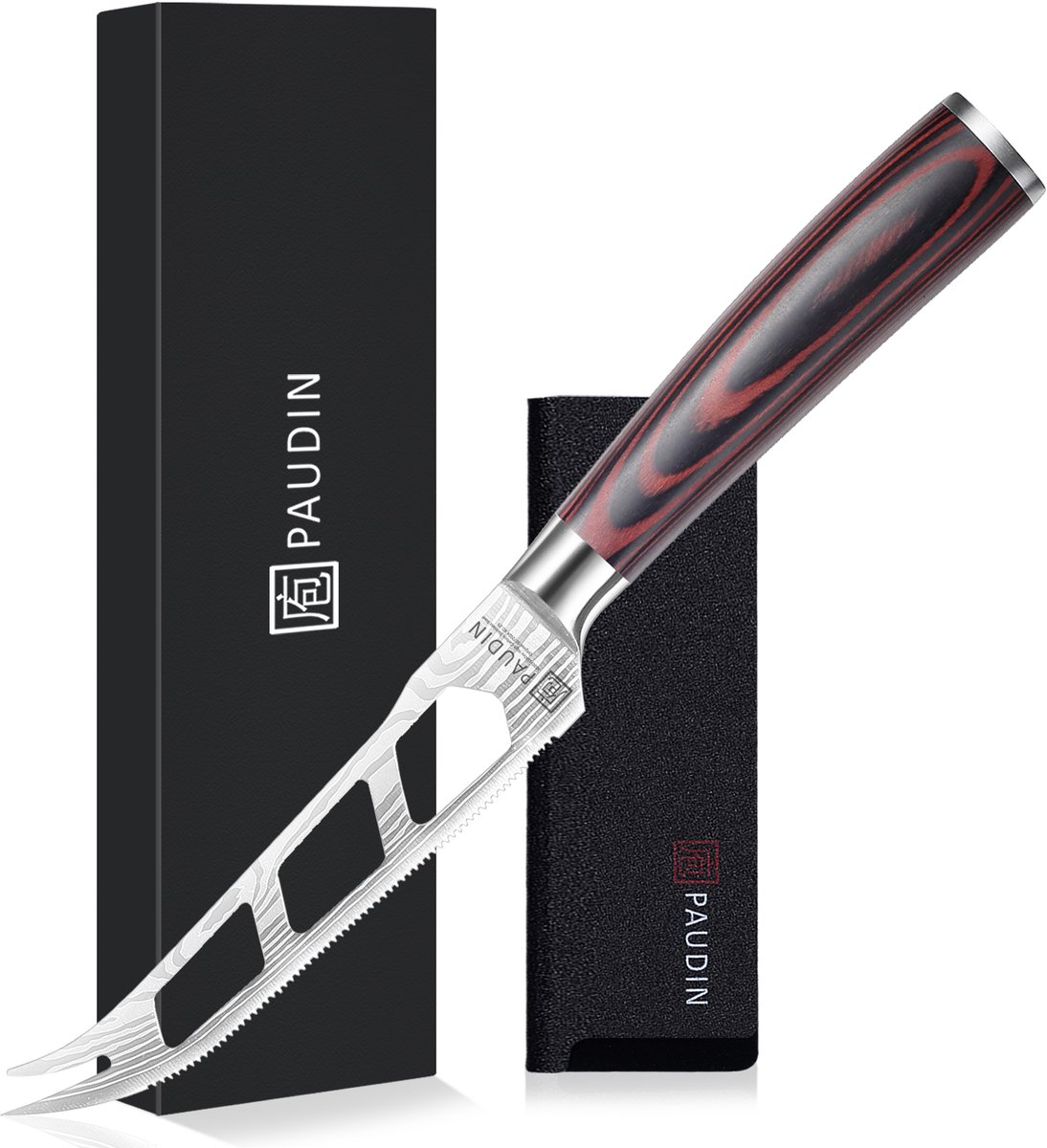 Paudin N29 - Kaasmes - 12,5 cm Lemmet - Dubbelpuntig Tomatenmes - Professioneel Keukenmes - Damascus Patroon - Inclusief Knifeguard