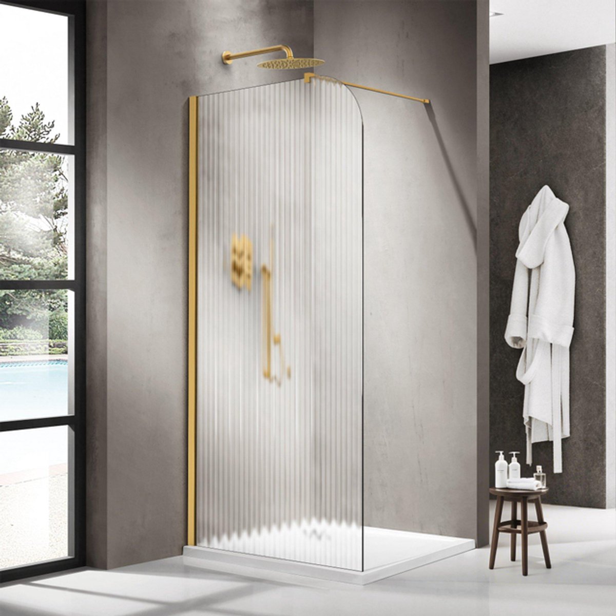 FugaFlow Eccelente Vetro Inloopdouche - 110x200cm - afgeronde glaswand - links - ribbel glas - wandarm - geborsteld messing PVD (Goud)