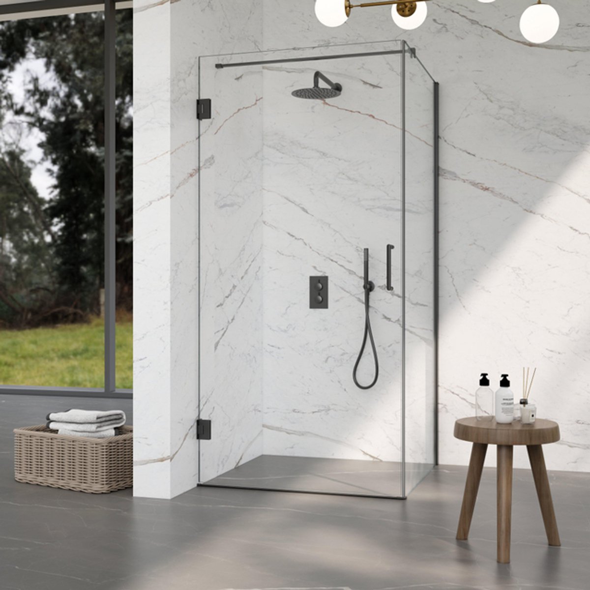 FugaFlow Eccelente Vetro Douchecabine - 80x80x200cm - scharnieren - deurgreep - stabilisatiestang - vlak - helder veiligheidsglas - Geborsteld Gunmetal PVD (Antraciet)
