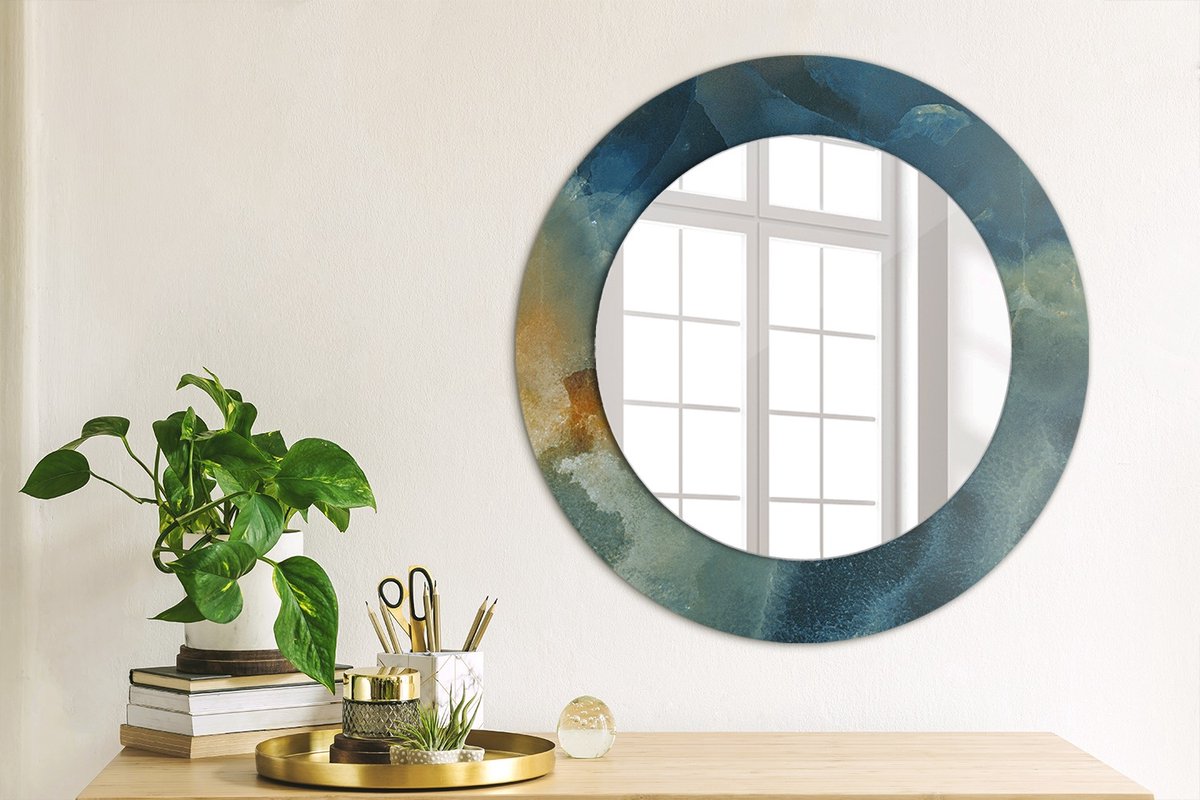 Coloray Bedrukte Spiegel - Onyx marmer Wandspiegel Met Print - 50 cm - Blauw Bedrukte Spiegel - Wandspiegel Met Print - Wandspiegel Decoratieve Print - Bedrukte Spiegel