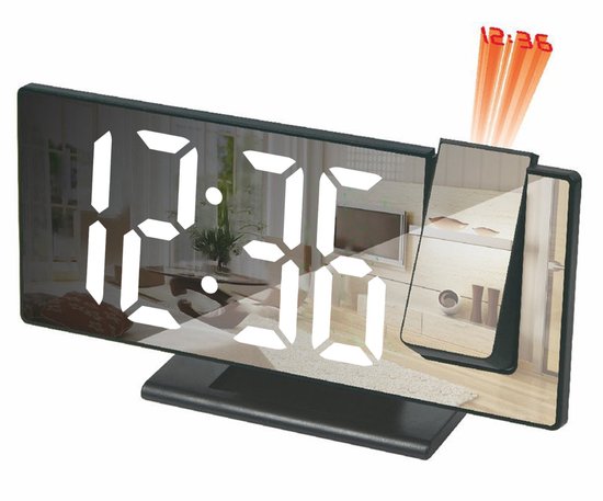 LED-projectiewekker, multifunctionele, intelligente lichtsensorklok, digitale spiegelklok, met USB, zwarte behuizing + wit licht.