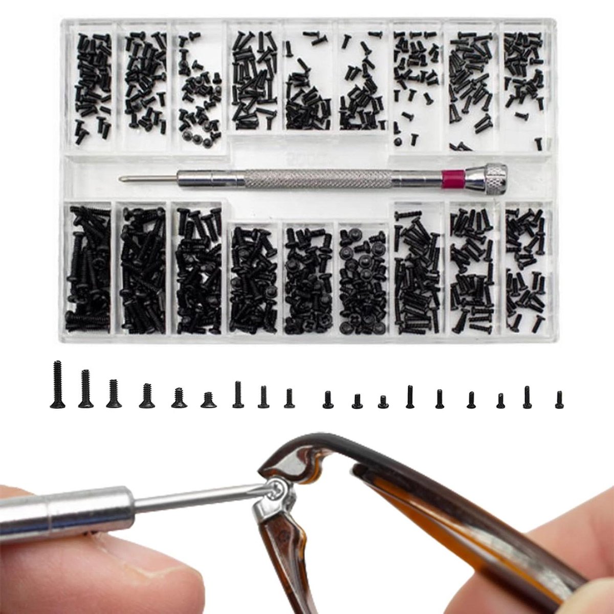 Zwarte mini schroeven set voor elektronische reparatie en brillen met schroevendraaier