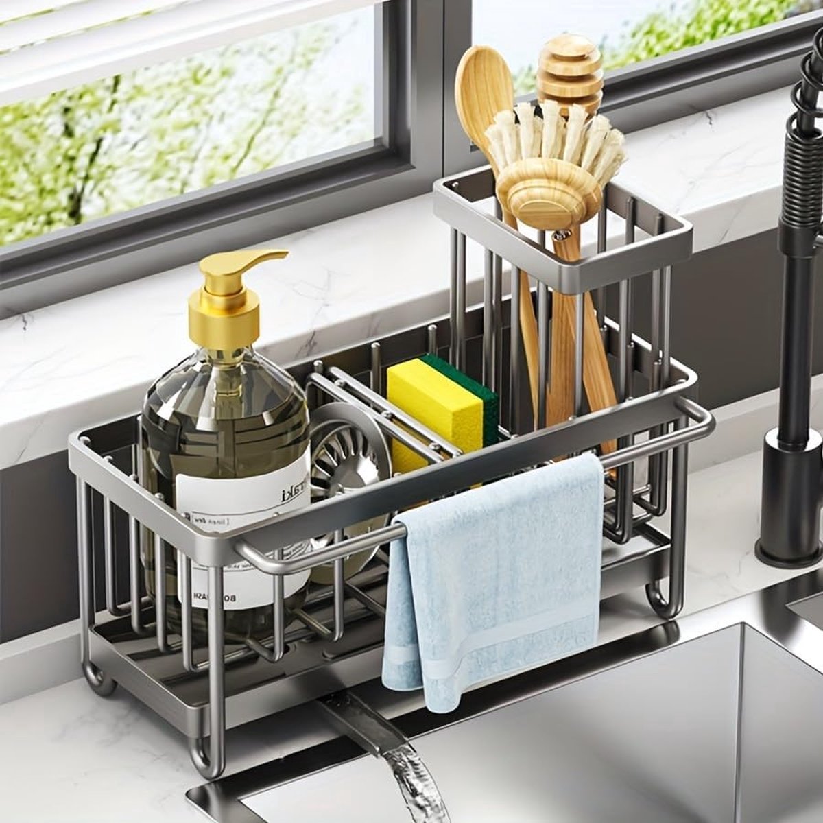 Stunq® Keukengootsteensponshouder met hoge borstelhouder - Multifunctionele keukengootsteencaddy met zelflozende afvoerbak, keukengootsteenorganizer en -opslag, schotelsponsorganizer met