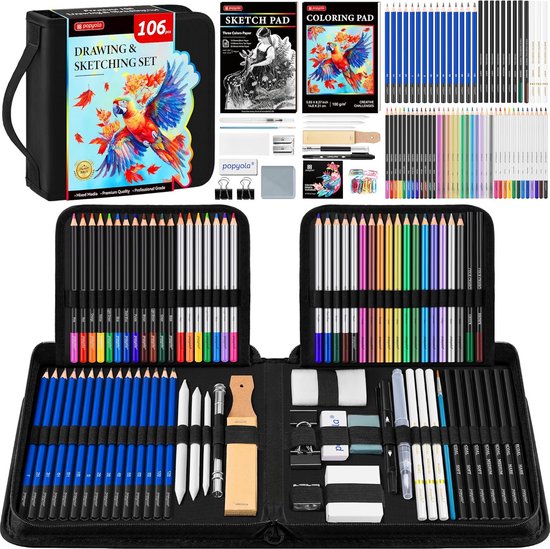 HIFORNY 100 stuks teken- en schetsset, professionele kunstbenodigdheden met grafiet, houtskool, gekleurd, aquarel, metallic potloden, menggereedschap, schetsboek en kleurboek in ritsetui (roze