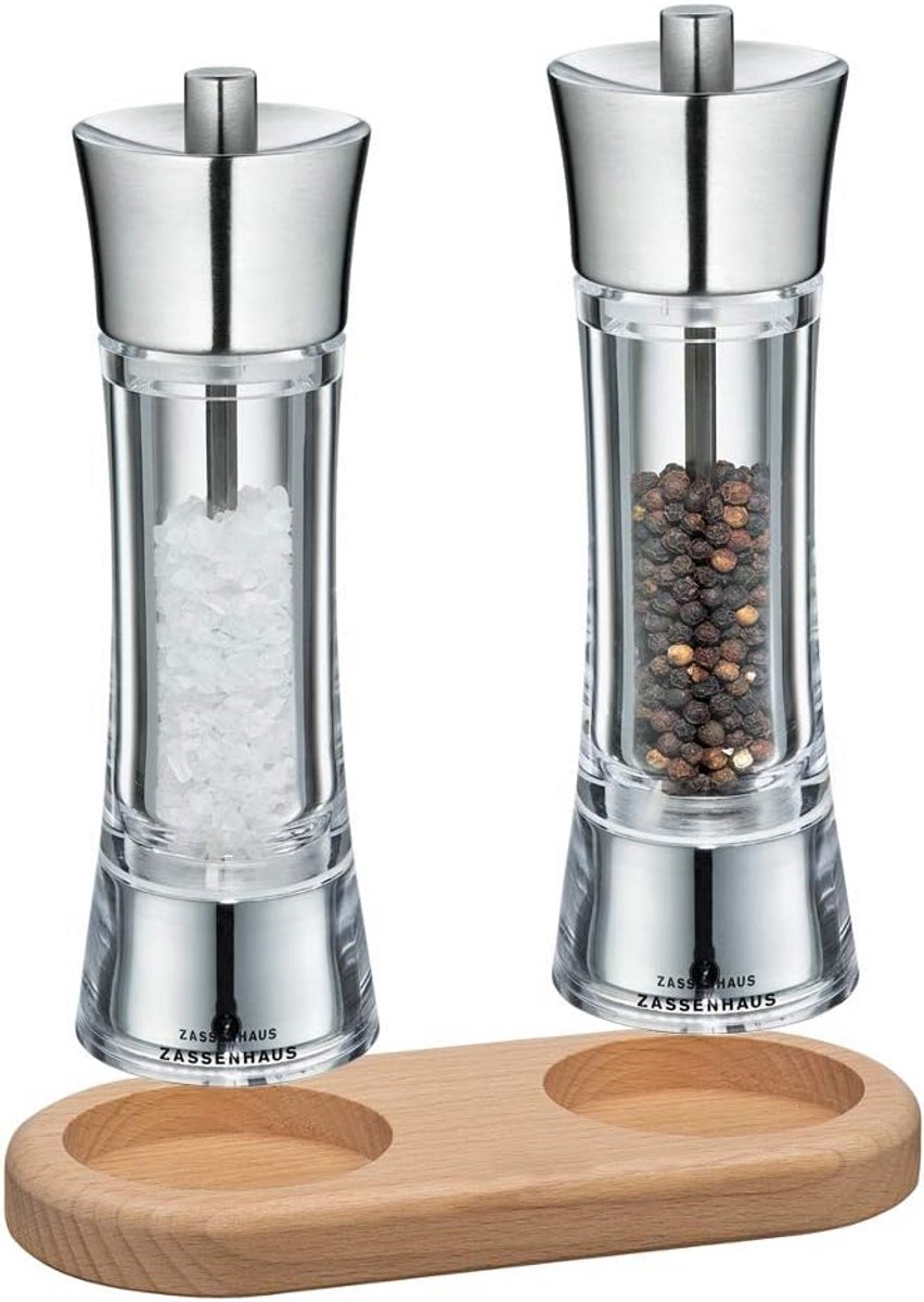 Set zout- en pepermolens keramisch maalwerk met onderzetter 18 cm