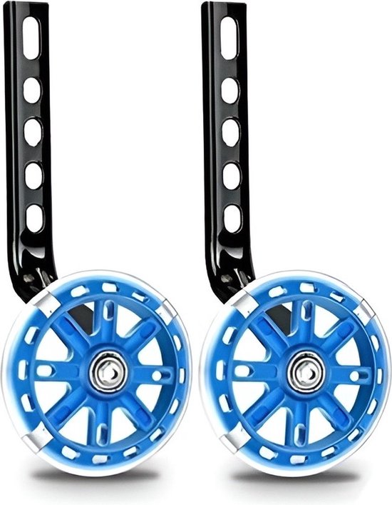 Twee zwarte steunen met blauwe kinderfietswieltjes.