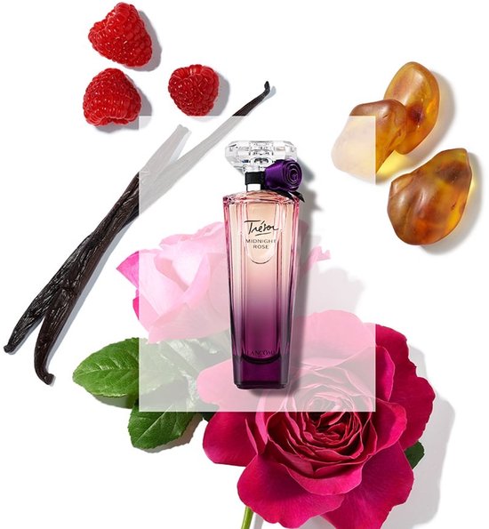 Lancôme Trésor Midnight Rose parfumfles omringd door frambozen, vanillestokjes, amber en rozen.