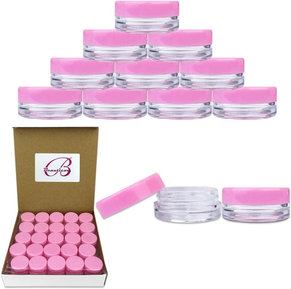 Ronde transparante potjes 3G/3 ml met roze deksels, BPA-vrij - set van 50