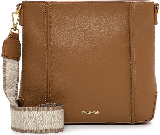 Bruine Emily & Noah tas met een beige stoffen band met logo.