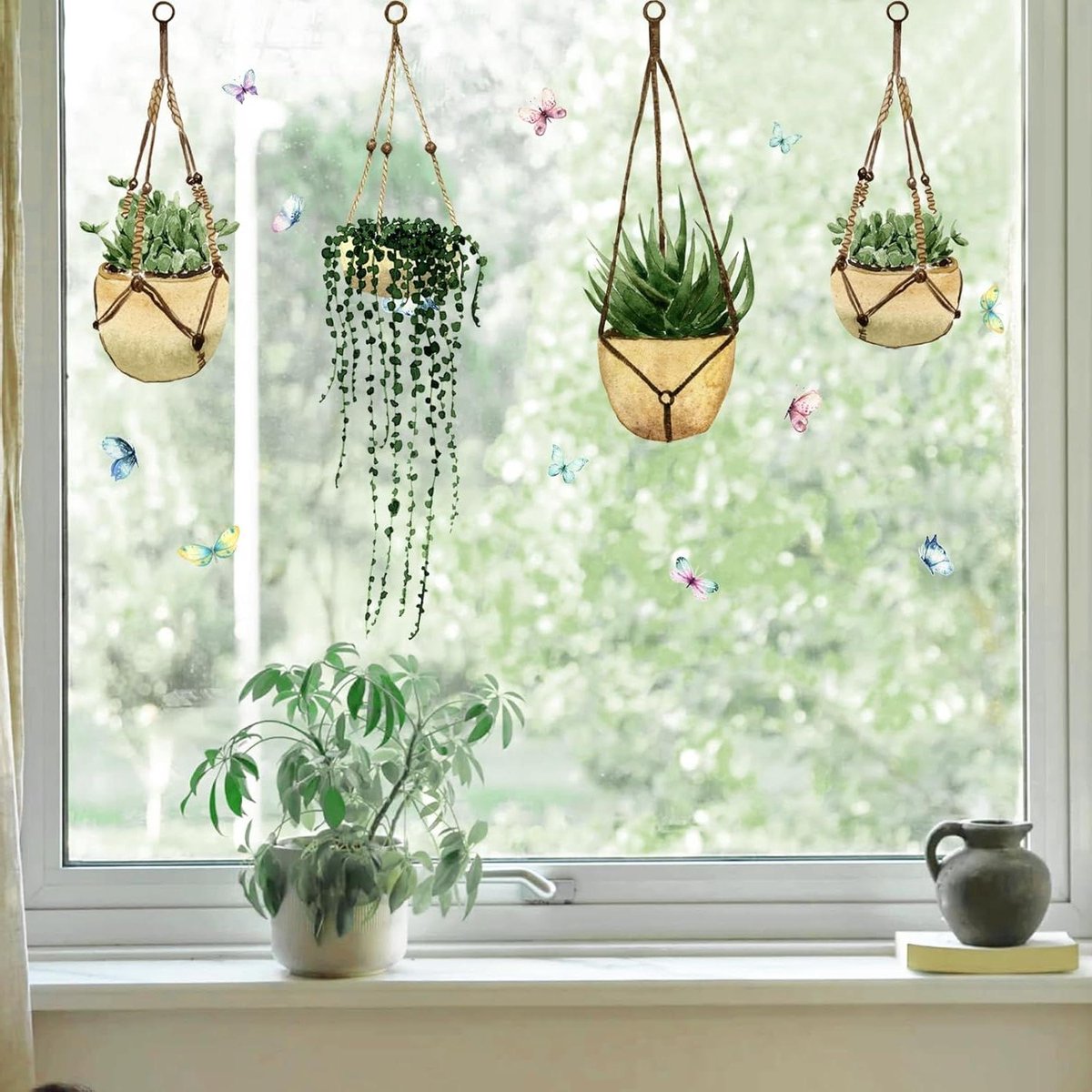 Ronte - Raamafbeeldingen Hangende Planten Groene Potplant Zomer Lente Stickers - Anti-botsing Raamdecoratie Glazen Deuren