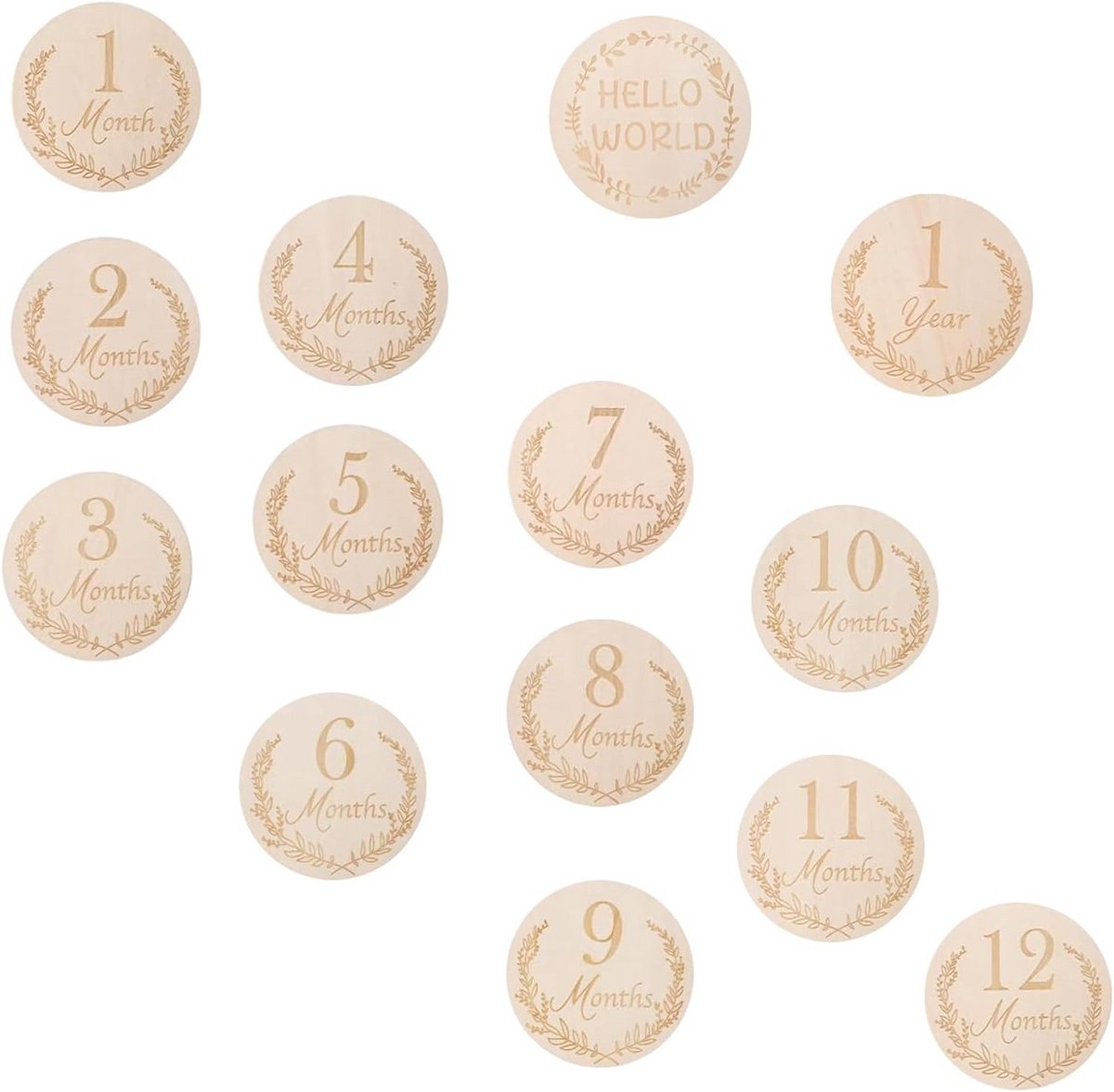 14 stuks ronde houten mijlpaalkaarten voor baby - maand tot 12 maanden - beige fotobordjes met donkerbruine tekst - ideaal als aankondigingsbord babyshower en foto-rekwisiet