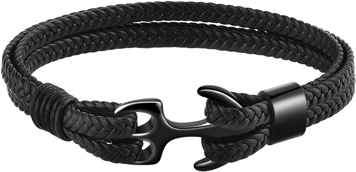 Vintage Wikkelarmband voor Dames en Heren - Robuust Rundleer met Ankerhanger - Meerlagige Leren Armband in Zwart, Blauw en Donkerbruin