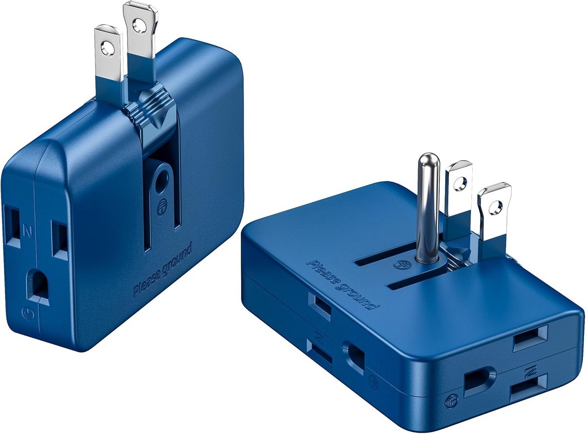Blue output splitter with 3-pin plug extension, 3-pole wall adapter, converts 2 to 3 and 3 to 2 pins, ideal for multiple requirements for output wall sockets