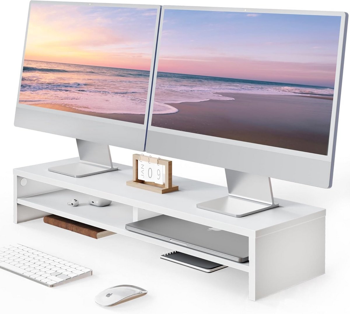 Dual Monitor Standaard 90cm met Opbergplank voor Bureau - Wit