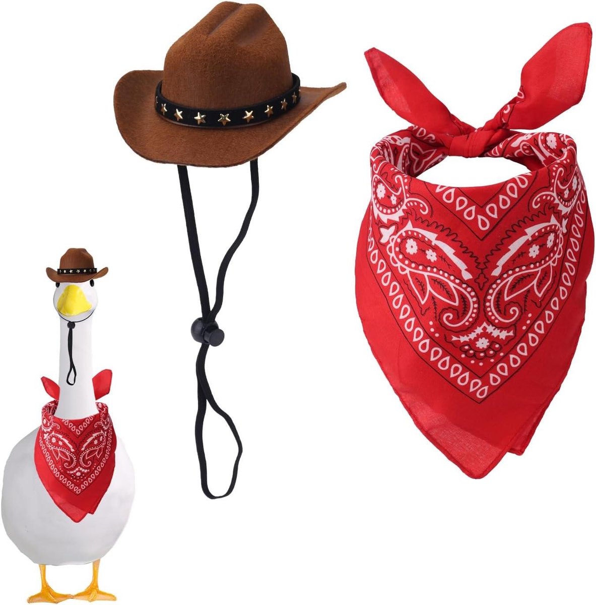 Ronte - Grappig Cement Ganzenkostuum voor Tuindecoratie - Westerse Cowboy Stijl - Inclusief Hoed en Bandana Sjaal - Geschikt voor 43,18cm & 58,42cm Gazonbeelden