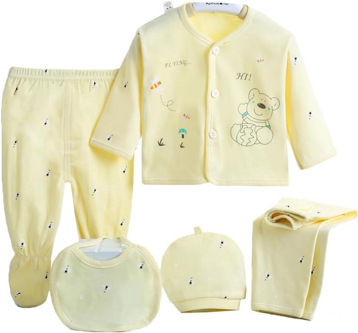 5 Delige Baby Kledingset Unisex - Katoen Romper, T-shirt, Muts en Broek Geboorte Cadeau