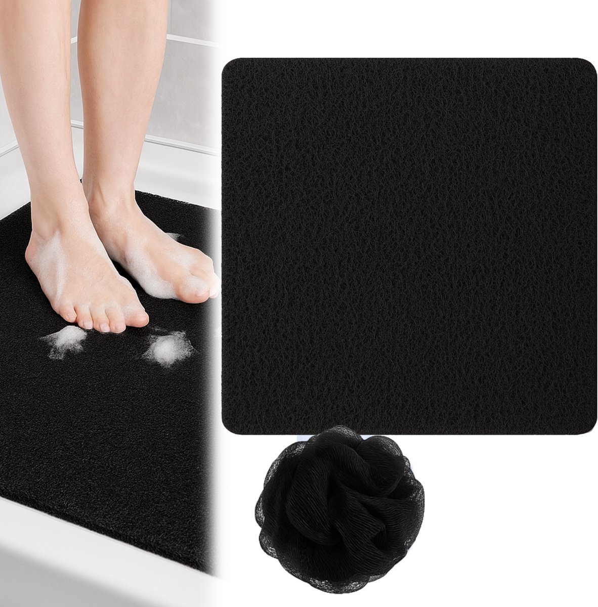 HSXL - Antislipmat Douche Zacht & Waterdoorlatend - 60x60CM - Incl. Netspons - Antislip Douchemat Zwart – Anti Slip Douche Cabine Mat – Mat voor in de Badkamer - Badkamer accessoires