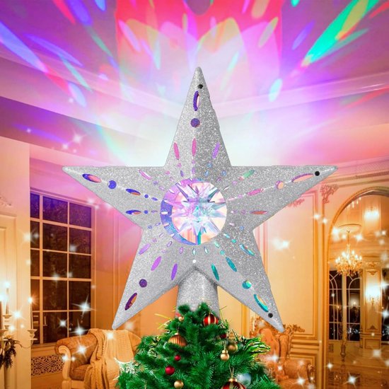 Étoile Sapin de Noël Avec Projecteur Lumière 3D Décoration Sapin de Noël Effet Projection Colorée Sapin de Noël Intérieur Fête Étoile Sapin Décoration Argenté
