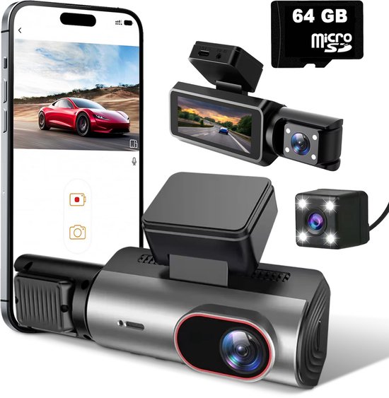 Tech Essentials A100 Dashcam - 1080P - Wifi - SD Kaart 64GB - Met Achteruitrijcamera - USB-C - Voor Auto Camera - Voor En Achter - Full HD - Parkeermodus - Nachtzicht