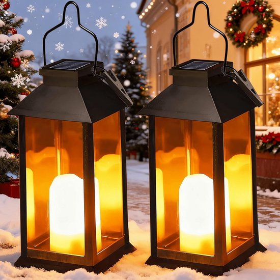 Solar Lantaarns Set van 2 - Buitenverlichting met Vlam Effect - Weerbestendige Hang- en Tafellampen - Voor Terras, Balkon en Tuinhuisje