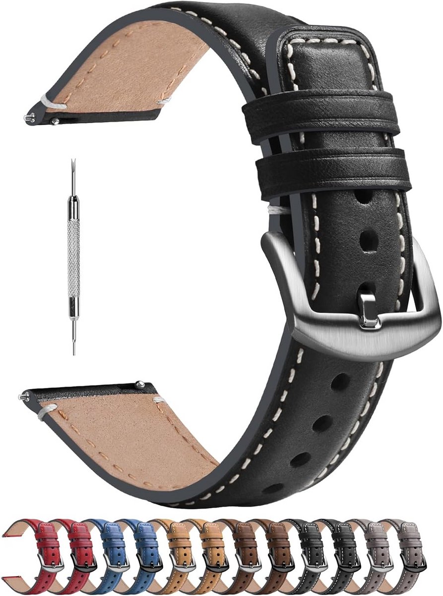 Polished Leder Horlogeband in 6 Kleuren - D-Vorm Gesp 18-20-22 mm voor Mannen en Vrouwen