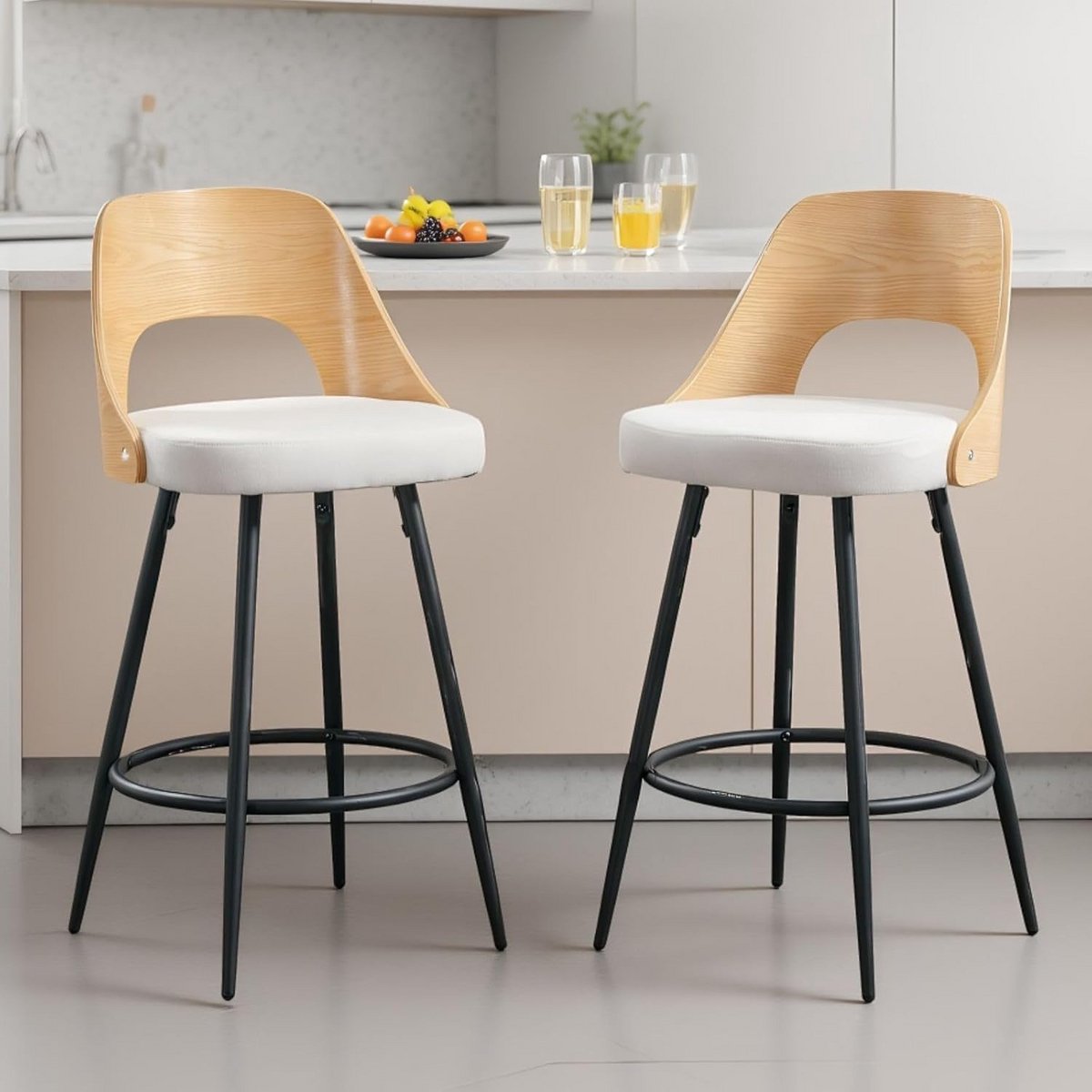 Set van 2 Linnen Keuken Sink Bar Stoelen zonder Armleuning met Houten Rugleuning (Beige)