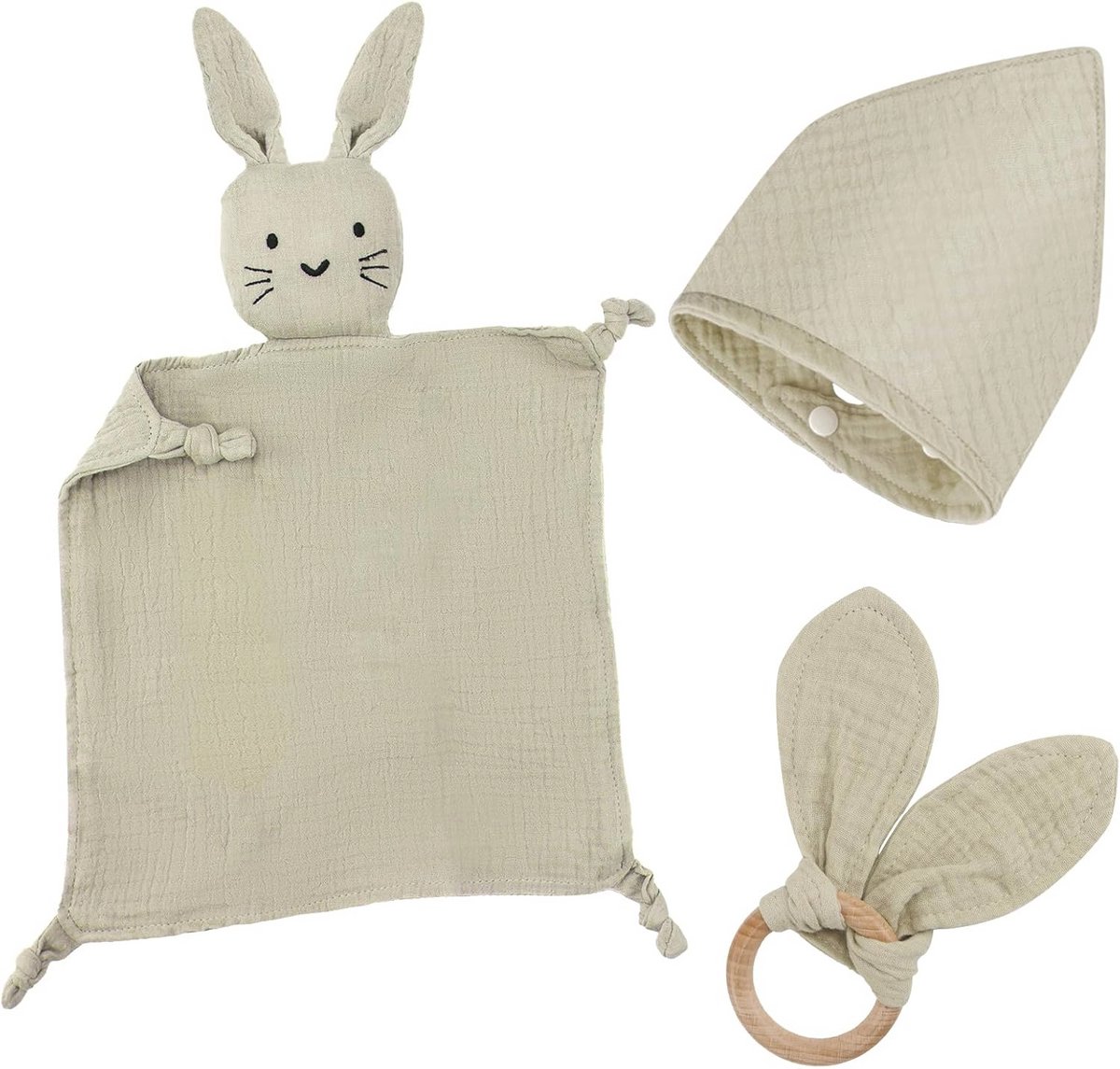 Cadeauset voor pasgeborenen: 3-delig babygeschenk met knuffeldoek, houten bijtring en slabbetje