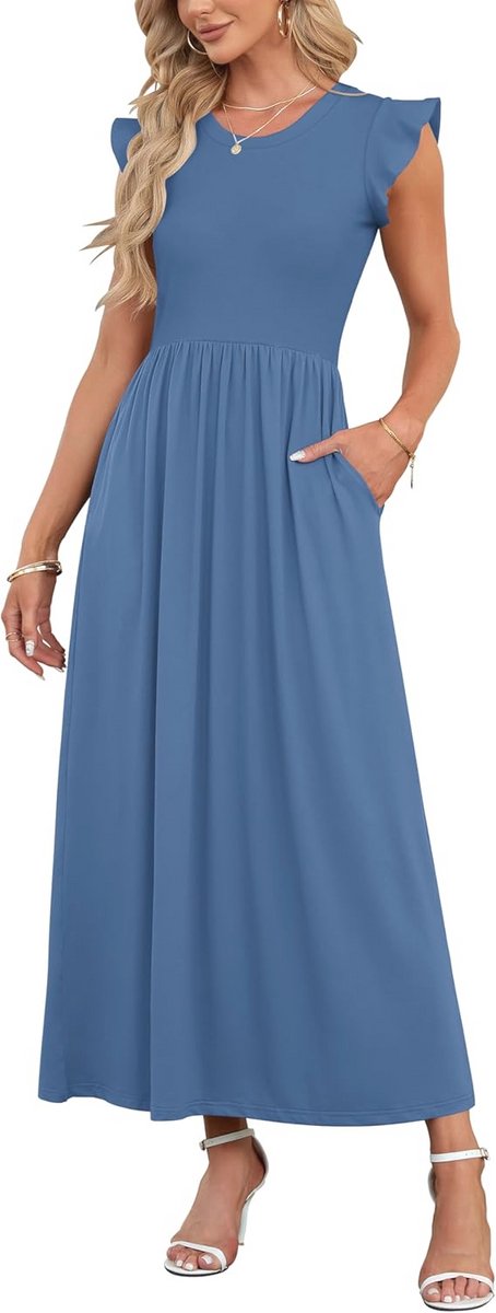Zomerjurk Dames Lange Rok Korte Mouwen Casual Strandjurk met Zak
