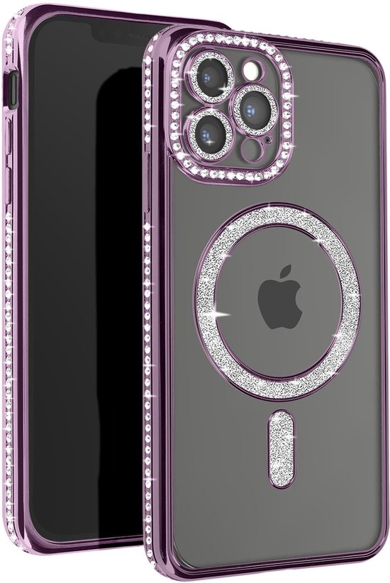 Avizar Diamond hoesje Geschikt voor Apple iPhone 12 Pro Max bescherming MagSafe Omtrek Strass, Paars