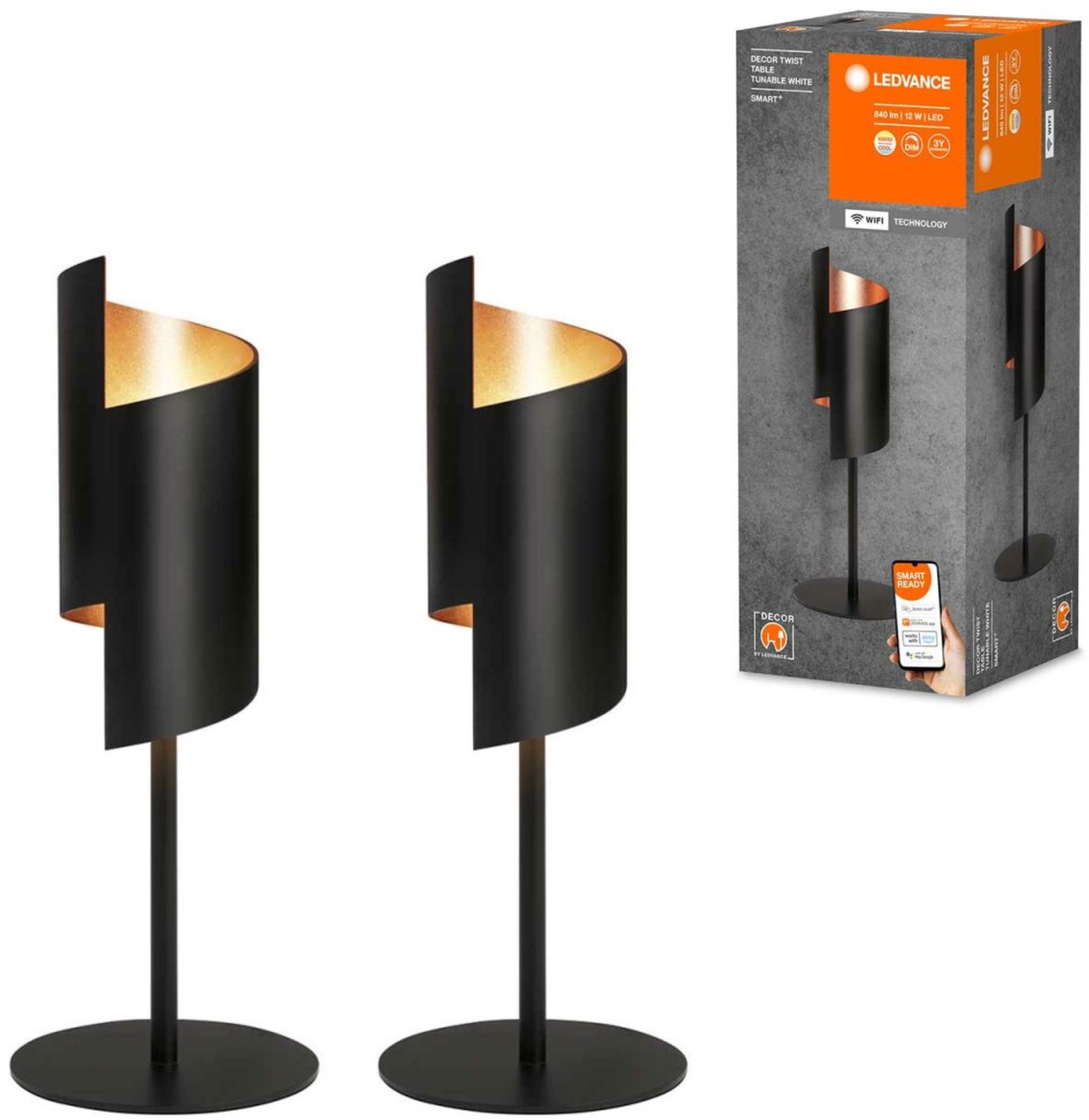 2x Smart Design LED Tafellamp Twist - Zwart met koper - 39 cm