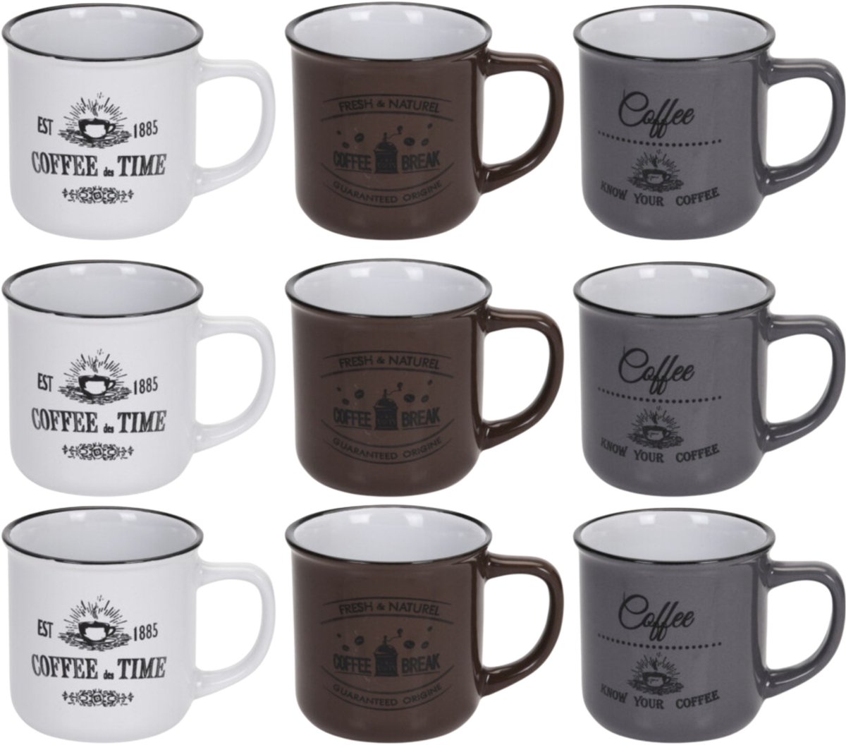 Excellent Houseware Koffiemok Cosy - set van 9x - wit / bruin / grijs - 330 ml - mokken - keramiek