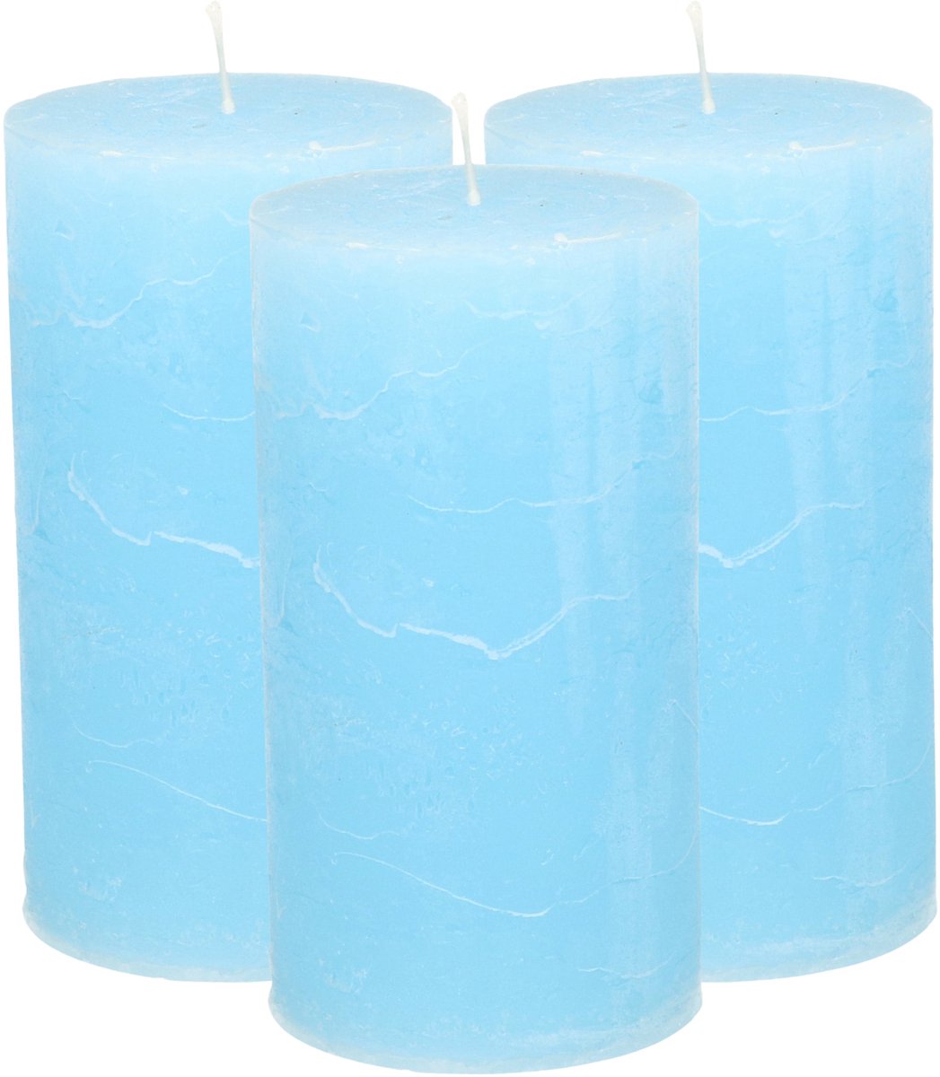 Atmosphera Stompkaars - 3x - licht blauw - 7 x 13 cm - cilinderkaars - kaarsen - rustiek model Lichtblauw