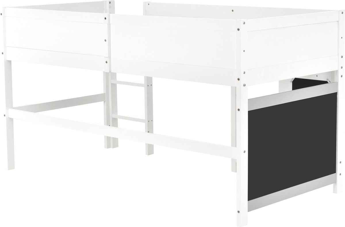 Wishdor Hoogslaper Huisbed 90x200 cm - Krijtbord & Opbergplankje - 3-Traps Trap - Wit Hout - Creatief & Knus