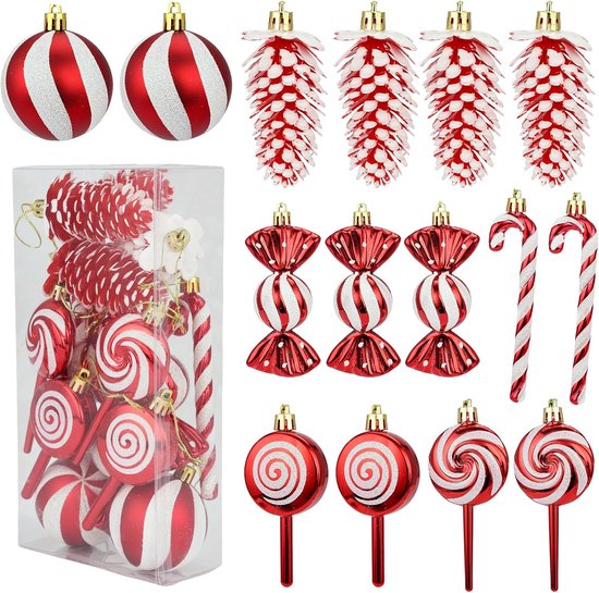 Kerstornamenten set: rode en witte ballen, dennenappels, snoepjes, lolly's en zuurstokken.
