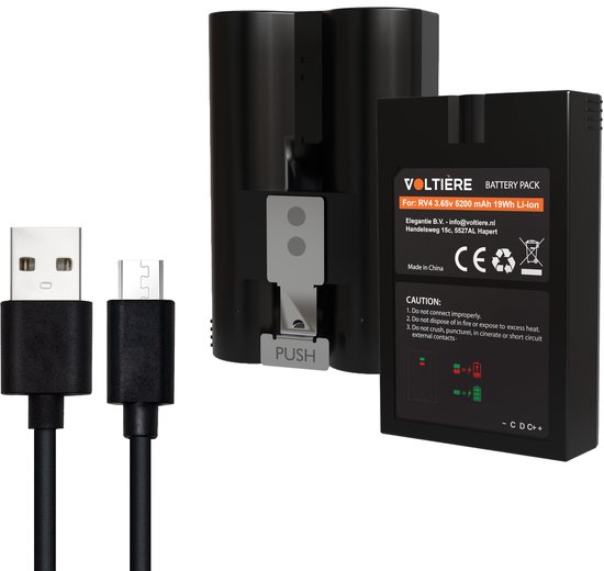 Zwarte batterijpack met USB-kabel, met 'PUSH'-knop en tekst.