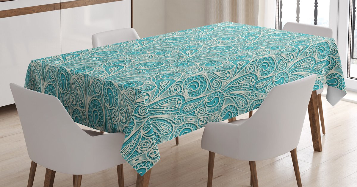 ABAKUHAUS Turkoois tafelkleed – Satijn 140x240 cm – Kantpatroon